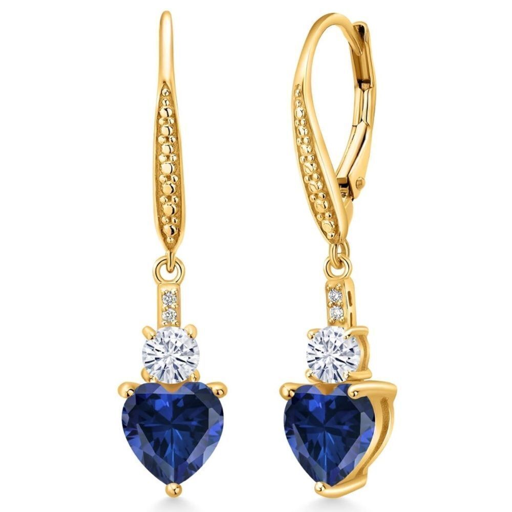 18K Yellow Gold with 2.69 Cttw Blue Sapphire and Moissanite Heart Drop Earrings